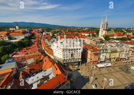 General city skyline view with Zagreb Cathedral and Ban Jelacic Square in Zagreb, Croatia Stock Photo