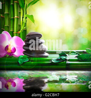 Stacked black stones, orchids and leaves on bamboo. Reflected in water in nature. Concept of calm and relaxation. Alternative Stock Photo