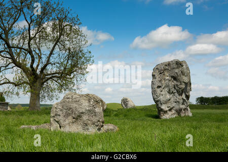 A pair of standing stones, part of the huge stone circle in Avebury Wiltshire. Blue sky with fluffy clouds and lush green grass. Stock Photo