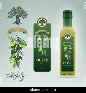 Glass oil olive bottle and label design template. Detailed vector illustration. Easy editable. Stock Vector