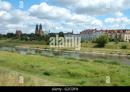 Warta river, cathedral and other buildings in Poznan, Poland Stock Photo