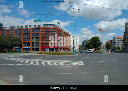 Poznan, Poland - July 13, 2014: Unidentified people and traffic on junction on Garbary street in Poznan, Poland Stock Photo