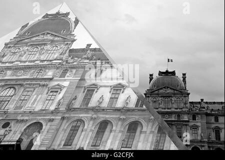 Photo sham sized by JF, Pyramid by Pei architect and Louvre Museum, Pavillon Sully, Paris France Stock Photo