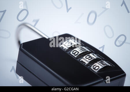 Encryption concept image. Lock on falling numbers background Stock Photo