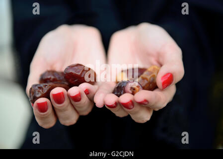 Emarati Arab woman holding dates in hand, Dubai, United Arab Emirates. Stock Photo