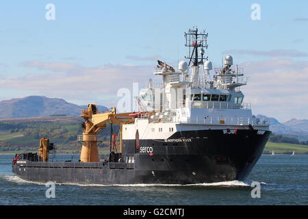 SD Northern River, a multi-purpose auxiliary vessel operated by Serco Marine Services, returns to its base at Greenock. Stock Photo