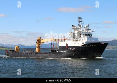 SD Northern River, a multi-purpose auxiliary vessel operated by Serco Marine Services, returns to its base at Greenock. Stock Photo