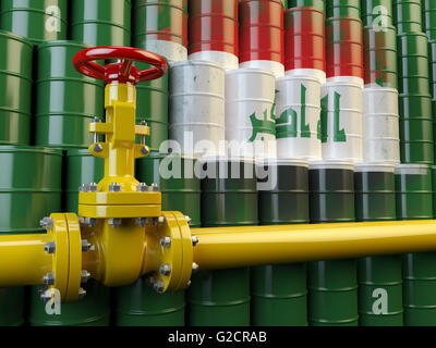 Oil pipe line valve in front of the flag of Iraq on the oil barrels. Iraqi gas and oil fuel energy concept. 3d illustration Stock Photo