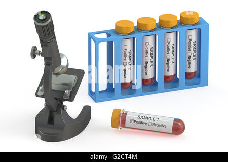 virus research concept, microscope and test tubes with blood. 3D rendering Stock Photo