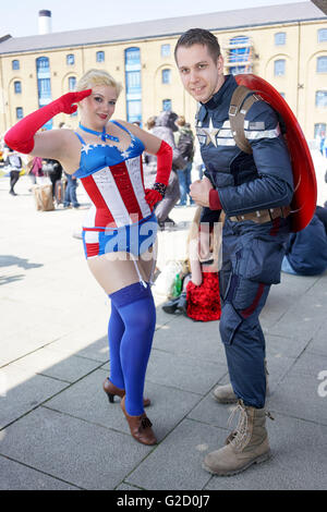 London, UK. 27th May, 2016. Hundreds of young people dress in cosplay, sci-fi, fantasy and superhero costumes hanging around the open space of Excel London poshing for photoshoot on the first day of MCM London Comic Con, London. Credit:  See Li/Alamy Live News