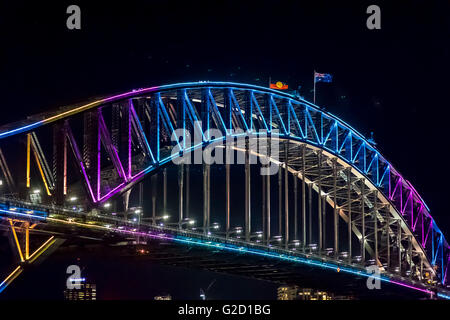 Sydney, Australia. 27th May, 2016. Lighting of the Sydney Harbour Bridge for the Vivid Sydney 2016 program in Sydney. Vivid Sydney 2016 is the world’s largest festival of light, music and ideas and runs from 27 May—18 June 2016 Credit:  Hugh Peterswald/Alamy Live News Stock Photo