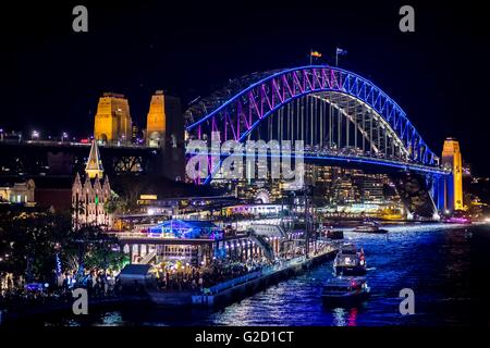 Sydney, Australia. 27th May, 2016. Lighting of the Sydney Harbour Bridge for the Vivid Sydney 2016 program in Sydney. Vivid Sydney 2016 is the world’s largest festival of light, music and ideas and runs from 27 May—18 June 2016 Credit:  Hugh Peterswald/Alamy Live News