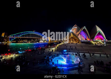 Sydney, Australia. 27th May, 2016. Lighting of the Sydney Harbour Bridge and Sydney Opera House for the Vivid Sydney 2016 program in Sydney. Vivid Sydney 2016 is the world’s largest festival of light, music and ideas and runs from 27 May—18 June 2016 Credit:  Hugh Peterswald/Alamy Live News