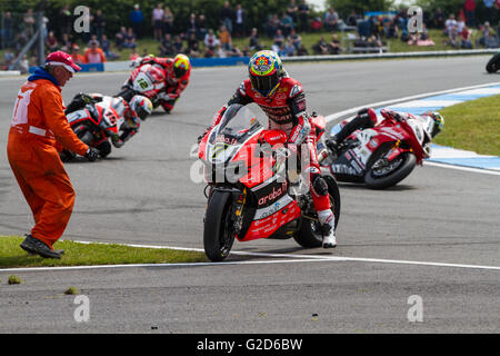 Donington Park,  UK. 28th May, 2016. #7 Chaz Davies crashes out of the lead of race one exiting Goddards corner Credit:  steven roe/Alamy Live News Stock Photo