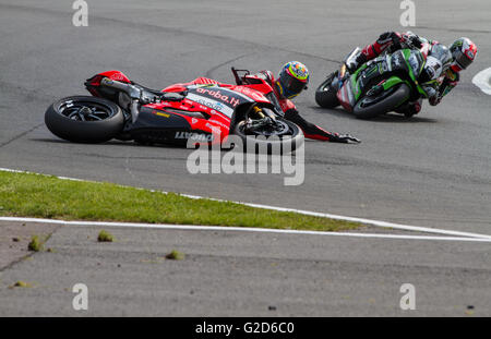 Donington Park,  UK. 28th May, 2016. #7 Chaz Davies crashes out of the lead of race one exiting Goddards corner Credit:  steven roe/Alamy Live News Stock Photo