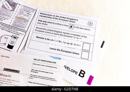 UK postal ballot papers arrive to households in England 28/05/2016 to vote on the referendum on the United Kingdom's membership of the European Union asking whether to leave or remain a member of the EU Stock Photo