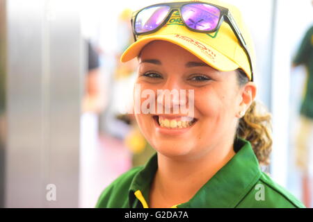 New York City, United States. 28th May, 2016. Jackie LaBambca prepares to direct customers into lines. Coney Island's landmark establishment Nathan's Famous celebrated its centennial anniversary with 5 cent hot dogs serving a crowd of thousands on a hot Brooklyn morning. © Andy Katz/Pacific Press/Alamy Live News Stock Photo