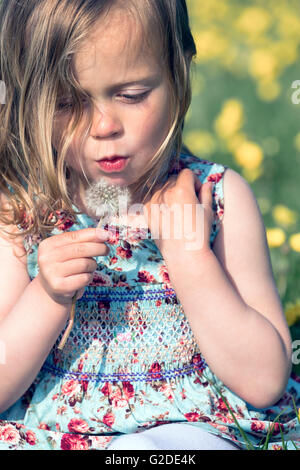 a 3 year old girl is blowing a dandelion clock Stock Photo