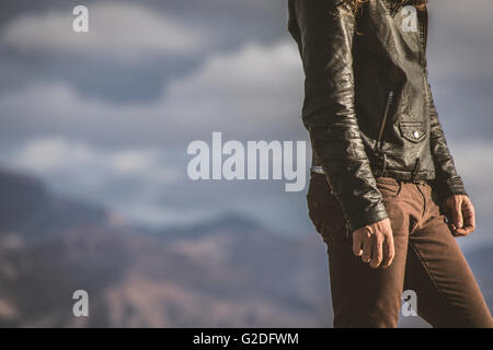 Partial Profile of Young Adult Man Wearing Black Leather Jacket Outdoor Stock Photo