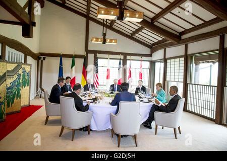 World leaders with the Group of Seven during a working lunch at the G7 Summit at the Shima Kanko Hotel May 26, 2016 in Shima, Mie Prefecture, Japan. Stock Photo