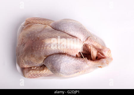 Raw whole plucked chicken ready for cooking on a plastic styrofoam disposable punnet Stock Photo