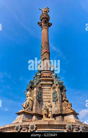 The Columbus Monument is amonument to Christopher Columbus at the lower end of La Rambla, Barcelona, Catalonia, Spain. Stock Photo
