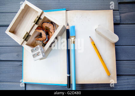 Blank Book with design tools on wood Stock Photo