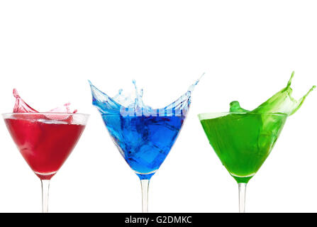 Three different cocktails with a splash over a white background Stock Photo
