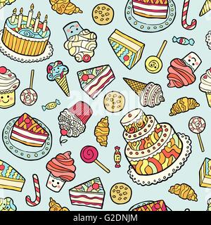 Seamless pattern with sweets on blue background. Stock Vector