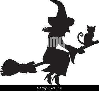 Cat and witch sitting on a flying broom Stock Vector