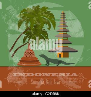 Indonesia landmarks. Retro styled image. Vector illustration Stock Vector