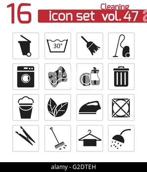 Vector black cleaning icons set on white background Stock Vector