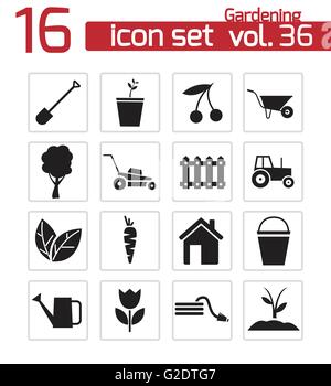 Vector black gardening icons set on white background Stock Vector