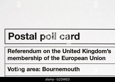 Postal poll card details of Referendum on the United Kingdom's membership of the European Union 16 voting area Bournemouth Stock Photo