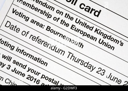 Postal poll card details of Referendum on the United Kingdom's membership of the European Union 16 voting area Bournemouth Stock Photo