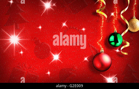 Children Christmas red background with symbols and texture .Decorated with colored balls hanging from a strip of bright star Stock Photo