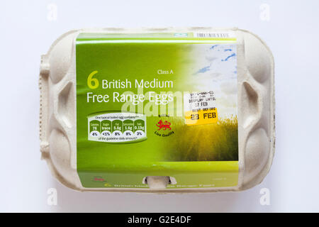 Egg box closed - egg carton of British Lion Quality 6 British medium free range eggs isolated on white background - eggbox Stock Photo