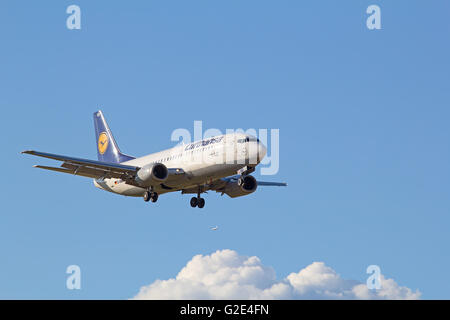 ZURICH - JULY 18: Boeing-737 Lufthansa landing in Zurich after short haul flight on July 18, 2015 in Zurich, Switzerland. Zurich Stock Photo