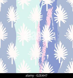 Seamless repeating pattern with hand drawn palm leaves in white on abstract brush strokes background. Stock Vector