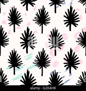Seamless repeating pattern with hand drawn palm leaves in black and abstract brush strokes in the background. Stock Vector