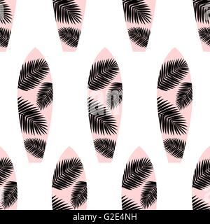 Seamless repeat pattern with surf boards in pink and black on white background. Stock Vector