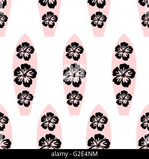 Seamless repeat pattern with surf boards in pink and black on white background. Stock Vector