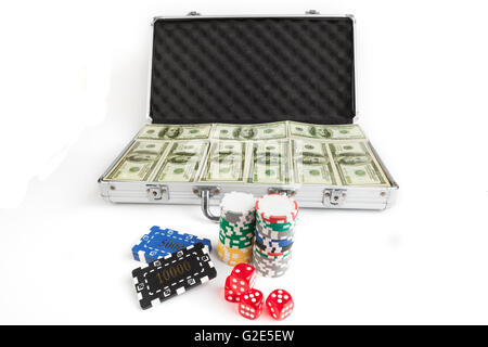 Casino chips with red dice and briefcase full with dollars isolated on white background Stock Photo