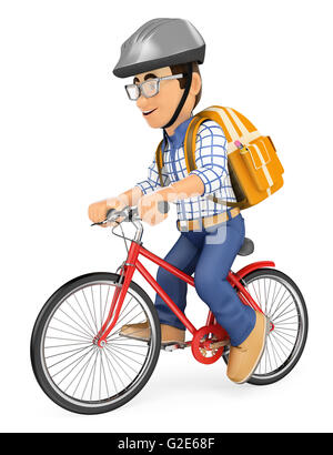 3d education people. Young student going to school by bike. Isolated white background. Stock Photo