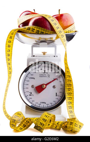 Red apple with  yellow measuring tape on kitchen scale isolated on white Stock Photo