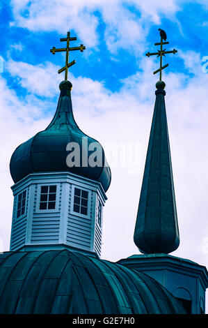 Sitka, Alaska. bald eagles on cross spires of St. Matthew Russian Orthodox church. Stock Photo