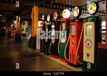 A line of antique electric gas pumps at Heritage Park, Calgary, Alberta, Canada Stock Photo