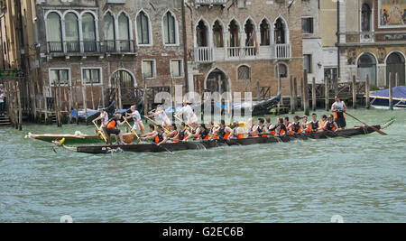 May 15, 2016 - Venice, Italy - Rowers from many countries participate in the 42nd Vogalonga regatta on the Grand Canal near the the Basilica della Salute in Venice, Italy on Sunday, May 15, 2016.  The Vogalonga, a non-competitive recreational sporting event for amateur athletes, is part of the annual â€œVenice International Dragon Boat Festival.''  The Grand Canal is closed to motor-driven boats during the event..Credit: Ron Sachs / CNP (Credit Image: © Ron Sachs/CNP via ZUMA Wire) Stock Photo