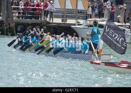 May 15, 2016 - Venice, Italy - Rowers from many countries participate in the 42nd Vogalonga regatta on the Grand Canal near the the Basilica della Salute in Venice, Italy on Sunday, May 15, 2016.  The Vogalonga, a non-competitive recreational sporting event for amateur athletes, is part of the annual â€œVenice International Dragon Boat Festival.''  The Grand Canal is closed to motor-driven boats during the event..Credit: Ron Sachs / CNP (Credit Image: © Ron Sachs/CNP via ZUMA Wire) Stock Photo