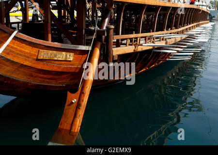 Piraeus, Greece. 30th May, 2016. The Hellenic Navy has launched trireme Olympias back to sea after a period of repairs. The crew consisted of 170 cadets from the Naval Academy and the Naval Academy of Non-Commissioned Officers. Trireme Olympias was first launched in May 1985 and handed over to the navy in July 1987. It has a length of 36.9m, beam of 5.5m, draft of 1.25m and 35t of displacement.Hellenic Navy's Athenian Trireme is a true copy of the formidable vessels of the antiquity. These vessels proved their capabilities during the epic Battle of Salamis in 29 September 480 BC, considere Stock Photo